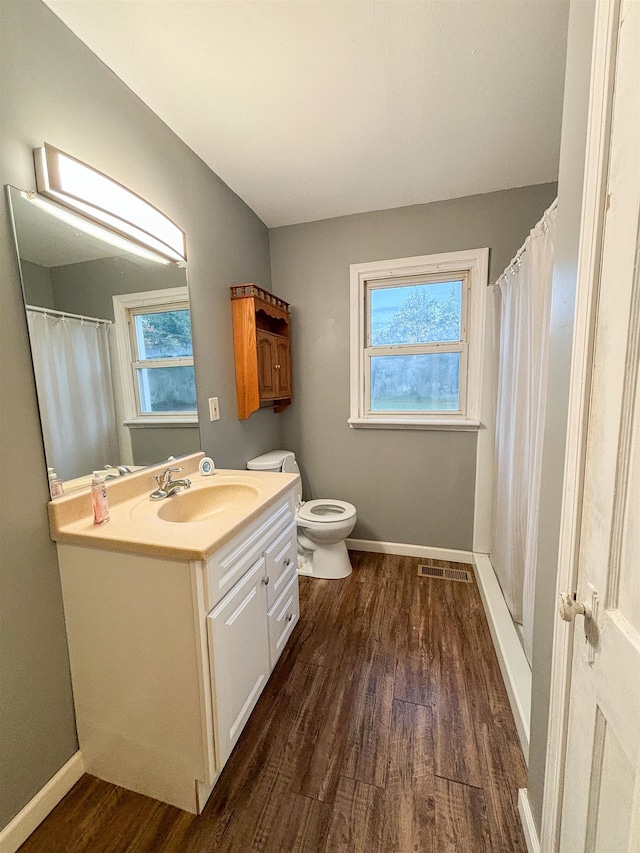 bathroom featuring vanity, hardwood / wood-style flooring, plenty of natural light, and toilet