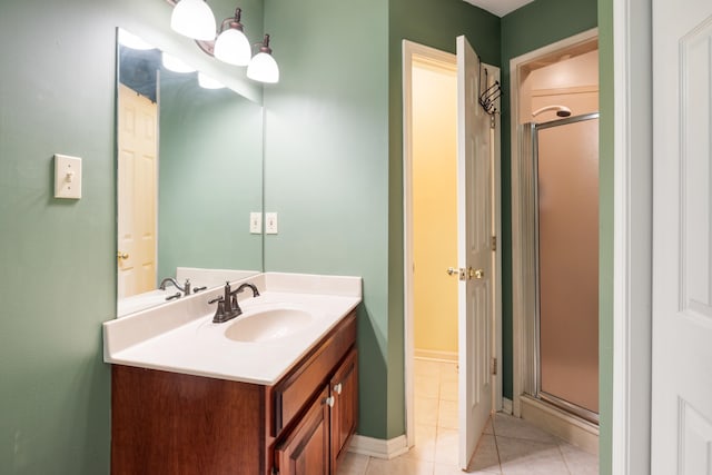 bathroom with tile patterned flooring, vanity, and a shower with door