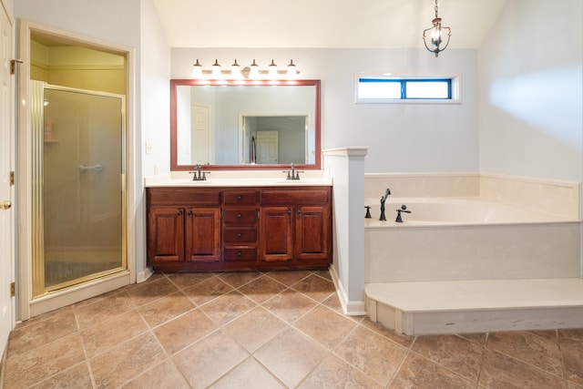 bathroom with vanity, shower with separate bathtub, and vaulted ceiling