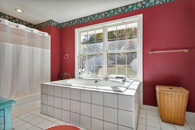 bathroom featuring tile patterned flooring and independent shower and bath