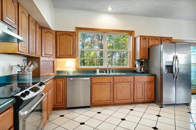 kitchen featuring a textured ceiling, appliances with stainless steel finishes, sink, and range hood