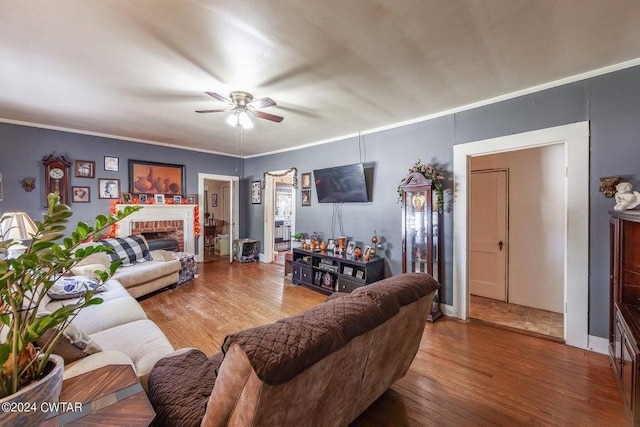 living room featuring ceiling fan, hardwood / wood-style flooring, ornamental molding, and a fireplace