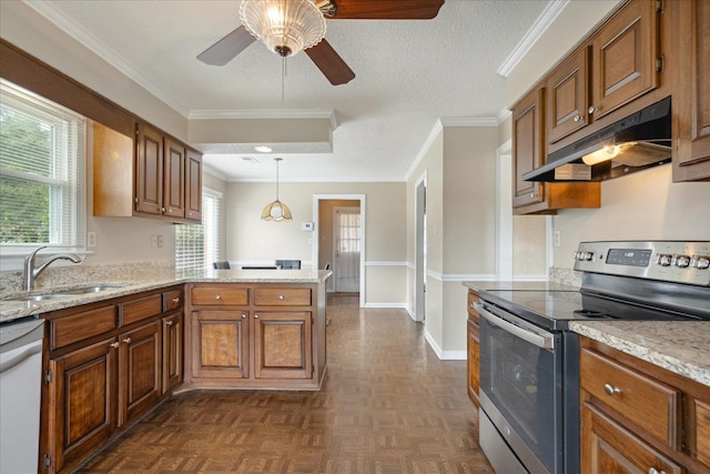 kitchen featuring a textured ceiling, white dishwasher, hanging light fixtures, electric range, and kitchen peninsula