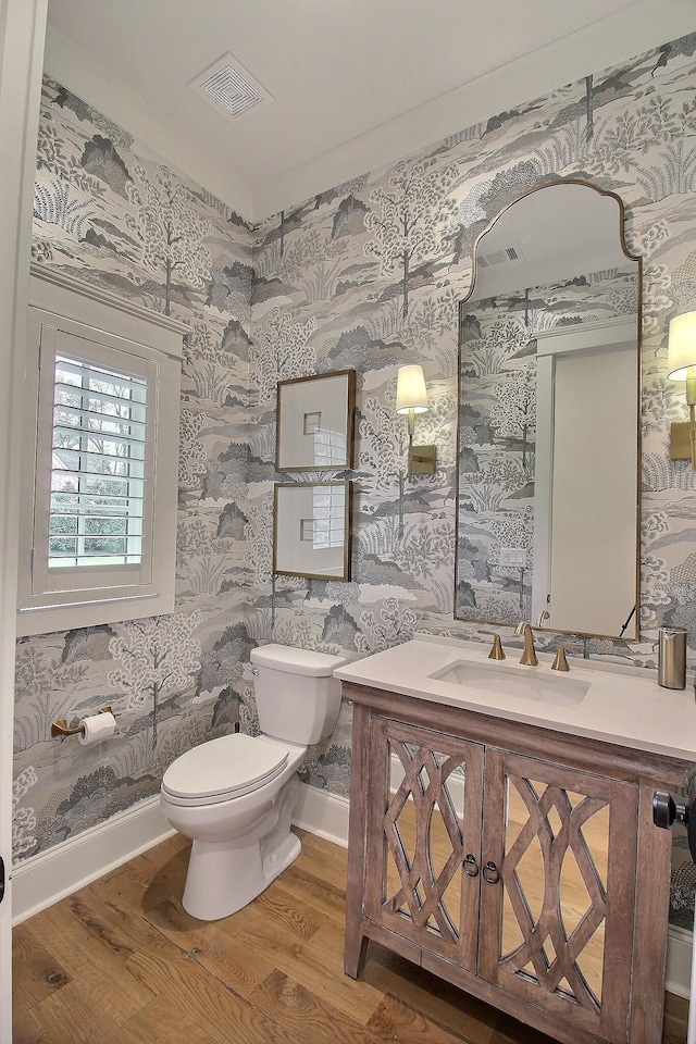 bathroom featuring hardwood / wood-style floors, vanity, and toilet