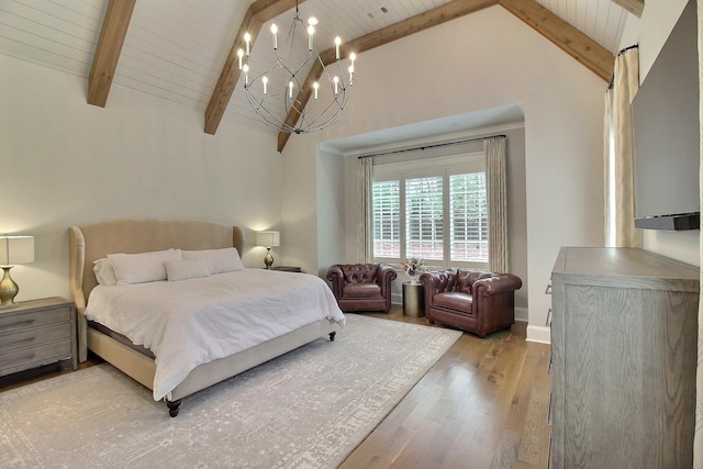 bedroom with light hardwood / wood-style floors, a notable chandelier, beamed ceiling, and wooden ceiling