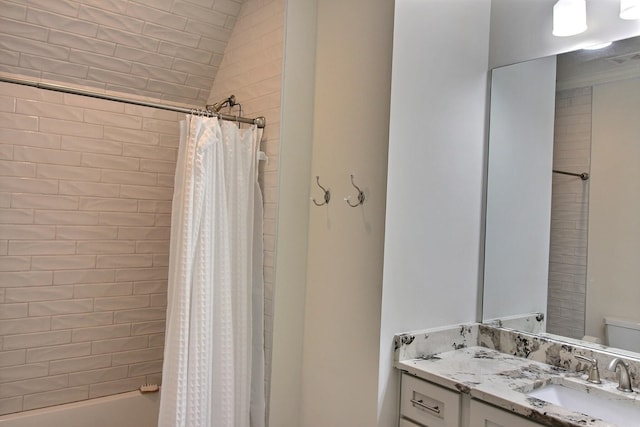 full bathroom featuring toilet, shower / tub combo, lofted ceiling, and vanity