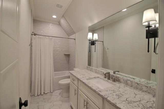 full bathroom with tile patterned flooring, vanity, toilet, and shower / bathtub combination with curtain