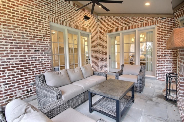 view of patio featuring an outdoor hangout area, french doors, and ceiling fan