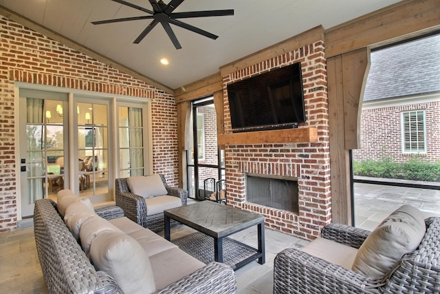 view of patio / terrace with an outdoor hangout area, french doors, and ceiling fan