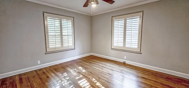 unfurnished room with ceiling fan, hardwood / wood-style floors, and ornamental molding