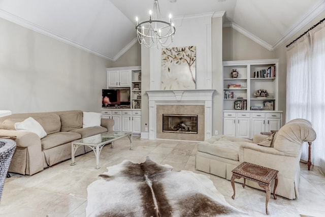 living room with vaulted ceiling, a notable chandelier, ornamental molding, and a fireplace