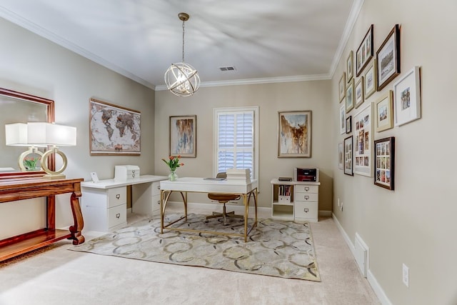 carpeted home office with ornamental molding and an inviting chandelier