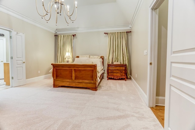 bedroom with light colored carpet, a notable chandelier, and crown molding