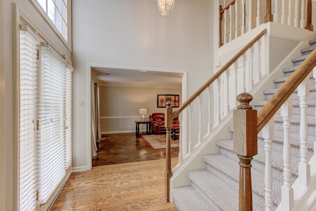 foyer featuring a towering ceiling and crown molding