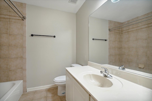 full bathroom with vanity, tile patterned flooring, toilet, and tiled shower / bath combo