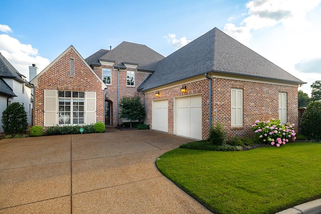 view of front of property featuring a front lawn and a garage