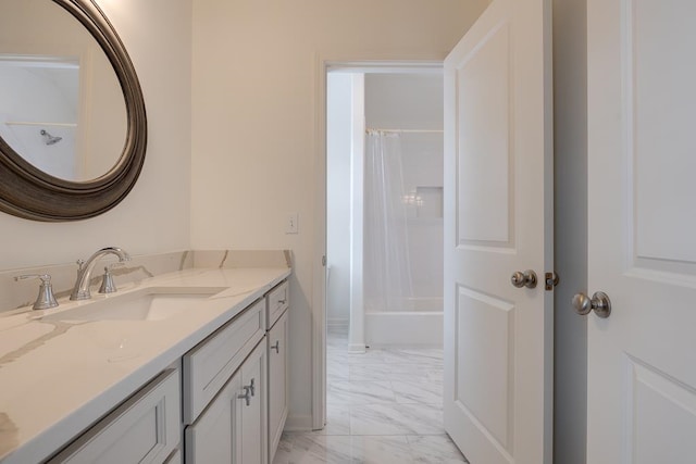 bathroom with vanity and shower / bath combination with curtain