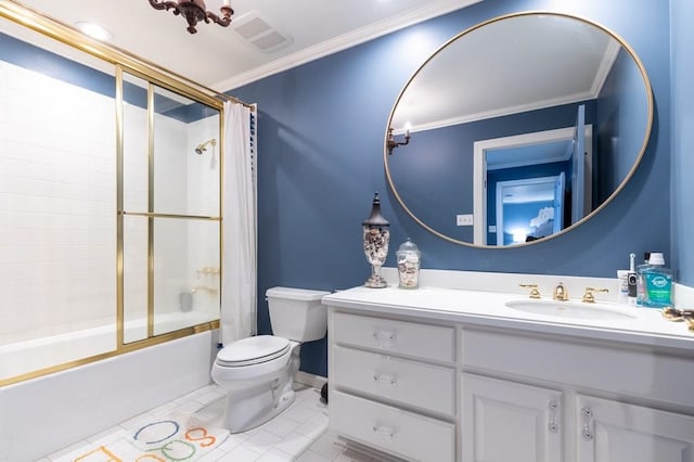 full bathroom featuring tile patterned flooring, ornamental molding, shower / bath combination with glass door, vanity, and toilet