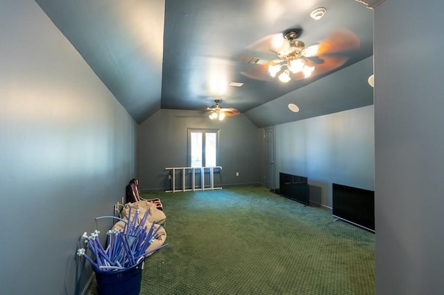 additional living space featuring carpet, ceiling fan, and vaulted ceiling