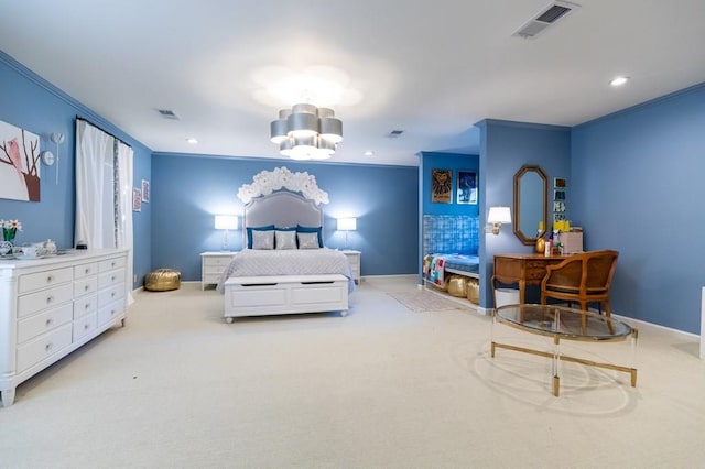 carpeted bedroom featuring a chandelier and ornamental molding