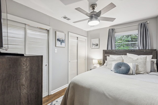 bedroom featuring wood-type flooring and ceiling fan