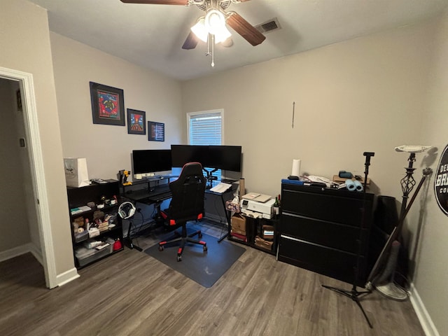 office area featuring visible vents, ceiling fan, baseboards, and wood finished floors