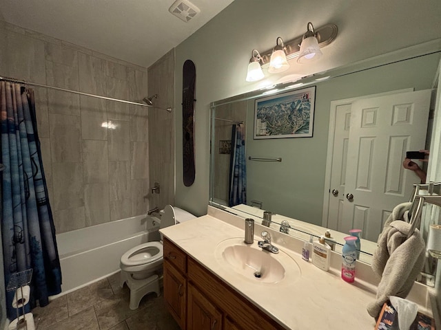 full bathroom featuring toilet, shower / bath combo, visible vents, and vanity