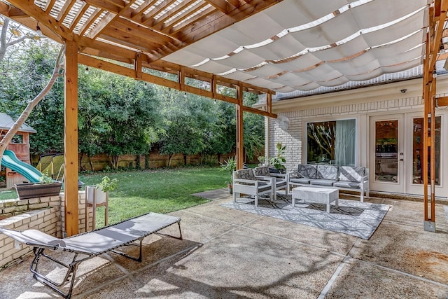 view of patio featuring a playground, a pergola, and an outdoor living space