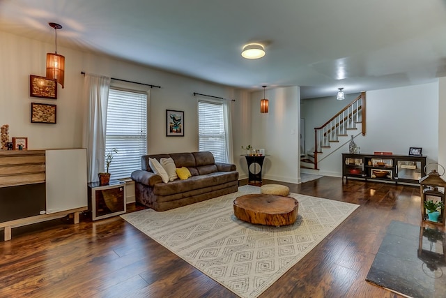 living room with dark hardwood / wood-style floors