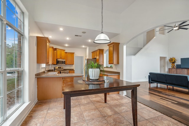 kitchen with high vaulted ceiling, a healthy amount of sunlight, and stainless steel appliances