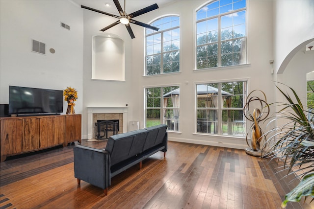 living room featuring dark hardwood / wood-style flooring, a healthy amount of sunlight, and a towering ceiling