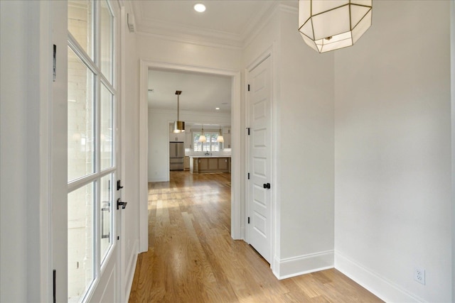 corridor featuring light hardwood / wood-style floors and ornamental molding