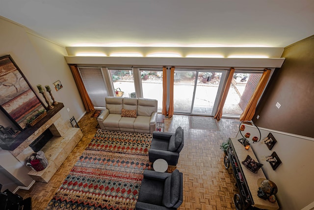 living room featuring a fireplace