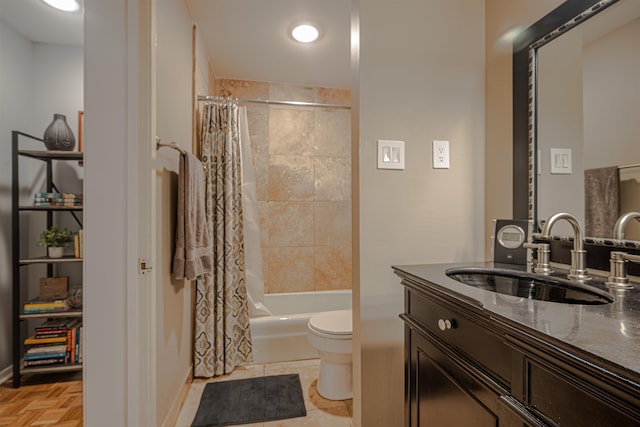 full bathroom featuring toilet, vanity, parquet flooring, and shower / bathtub combination with curtain