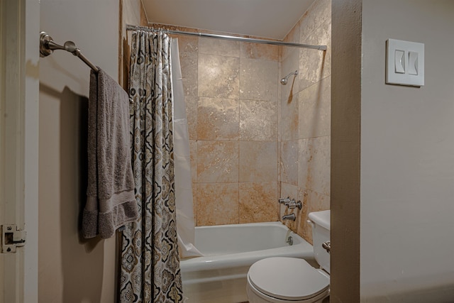 bathroom with toilet and shower / bathtub combination with curtain