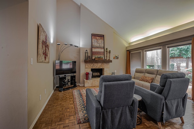 living room with a fireplace, dark parquet flooring, and high vaulted ceiling