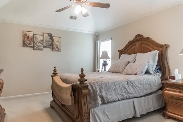 bedroom with ceiling fan, ornamental molding, vaulted ceiling, and light colored carpet