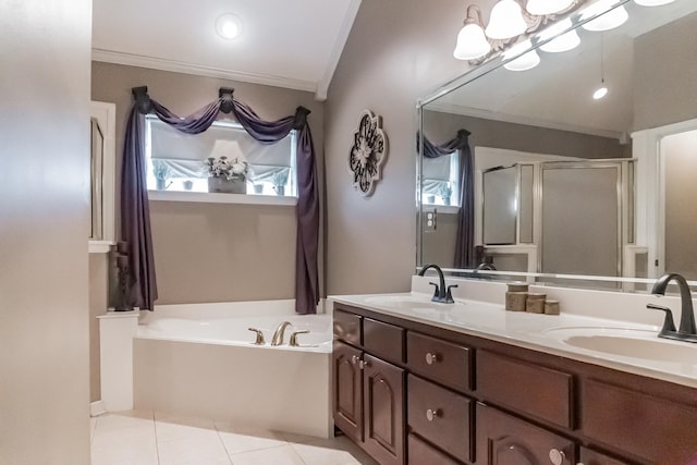 bathroom with vanity, tile patterned floors, shower with separate bathtub, and ornamental molding