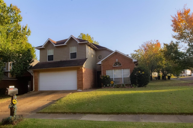 front facade with a garage and a front lawn