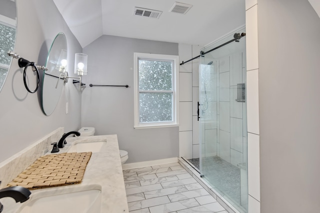 bathroom featuring vanity, vaulted ceiling, toilet, and walk in shower