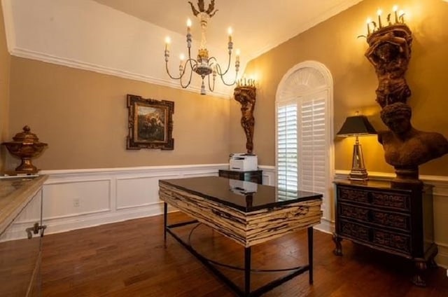 office with dark hardwood / wood-style flooring, a notable chandelier, and crown molding