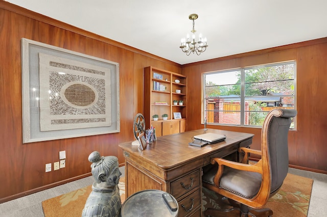 280 Waring Rd, Memphis, TN 38117 - office featuring wooden walls, carpet, a chandelier, and ornamental molding