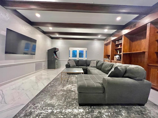 living room featuring built in features and beam ceiling