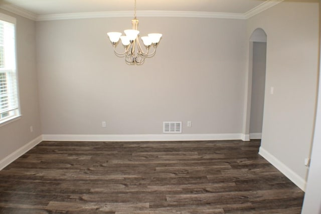 unfurnished room with dark wood-type flooring and ornamental molding