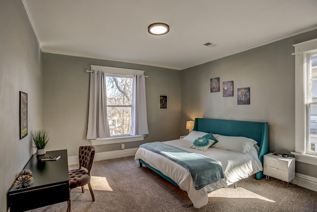 bedroom featuring carpet floors and ornamental molding