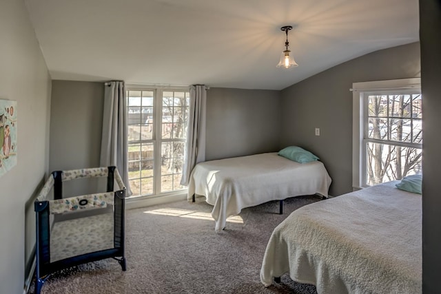 carpeted bedroom featuring multiple windows and vaulted ceiling