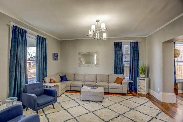 living room featuring an inviting chandelier, hardwood / wood-style floors, a healthy amount of sunlight, and crown molding