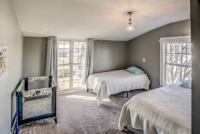 bedroom with vaulted ceiling and carpet floors