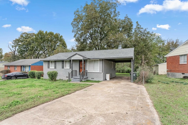 single story home with a front lawn and a carport