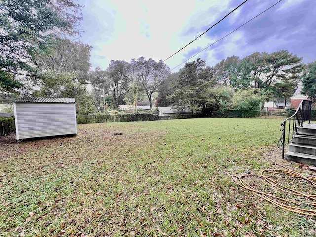 view of yard featuring a storage unit